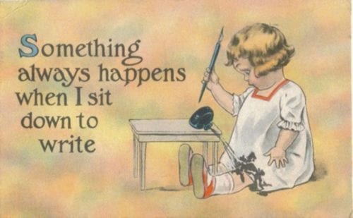 Old postcard of writer spilling ink