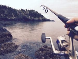 Hand holding fly rod by lake's edge