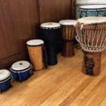 a variety of hand drums including bongos, and several different djembes.