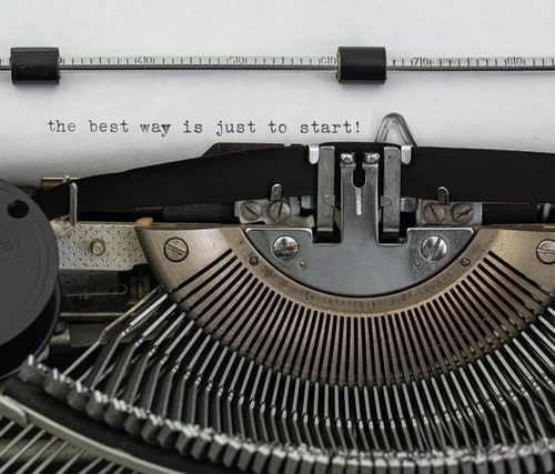 a typewriter showing the words "the best way is just to start' as guidance on how to write ardis mayo