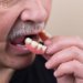 man removing dentures. He learns to live without his teeth.